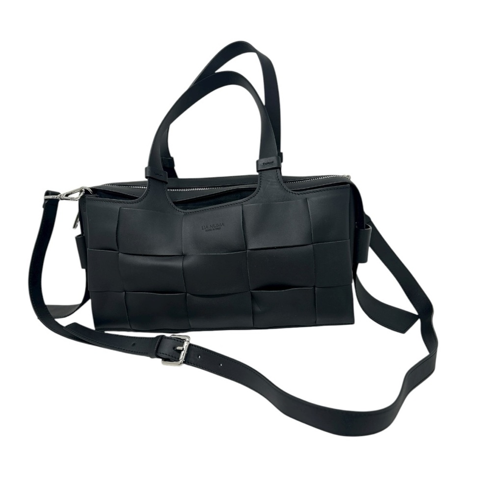 Lia Numa Black Basketweave Leather Satchel